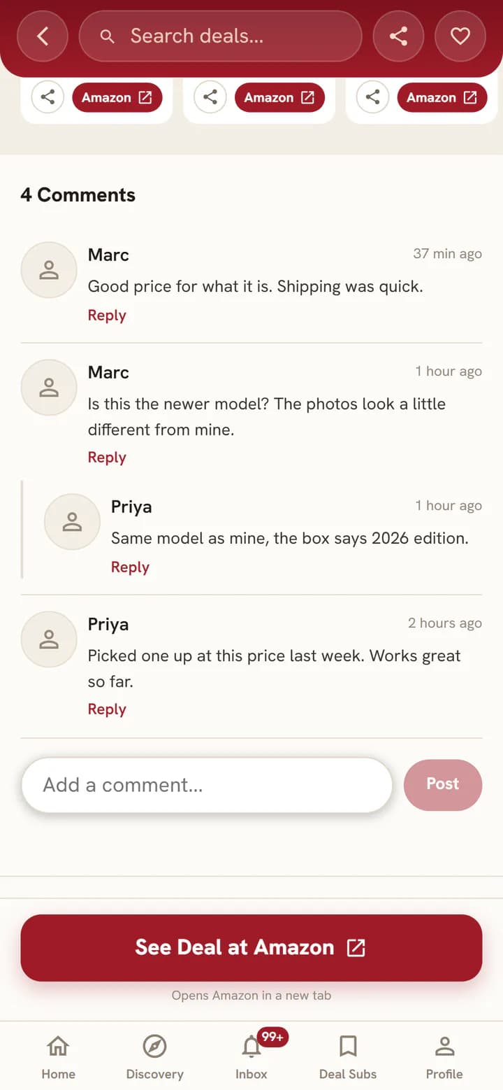 Comments on a deal page