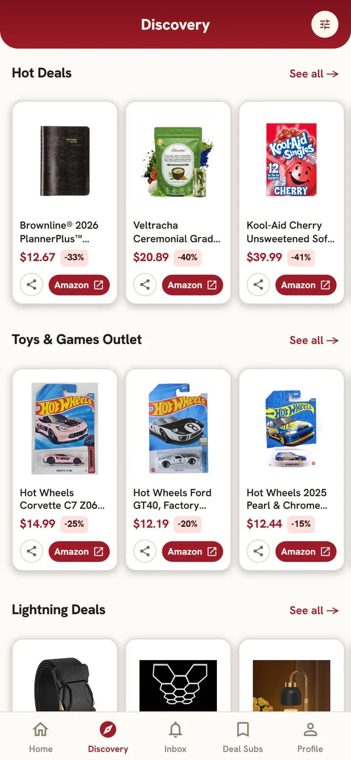The Discovery tab with themed deal strips