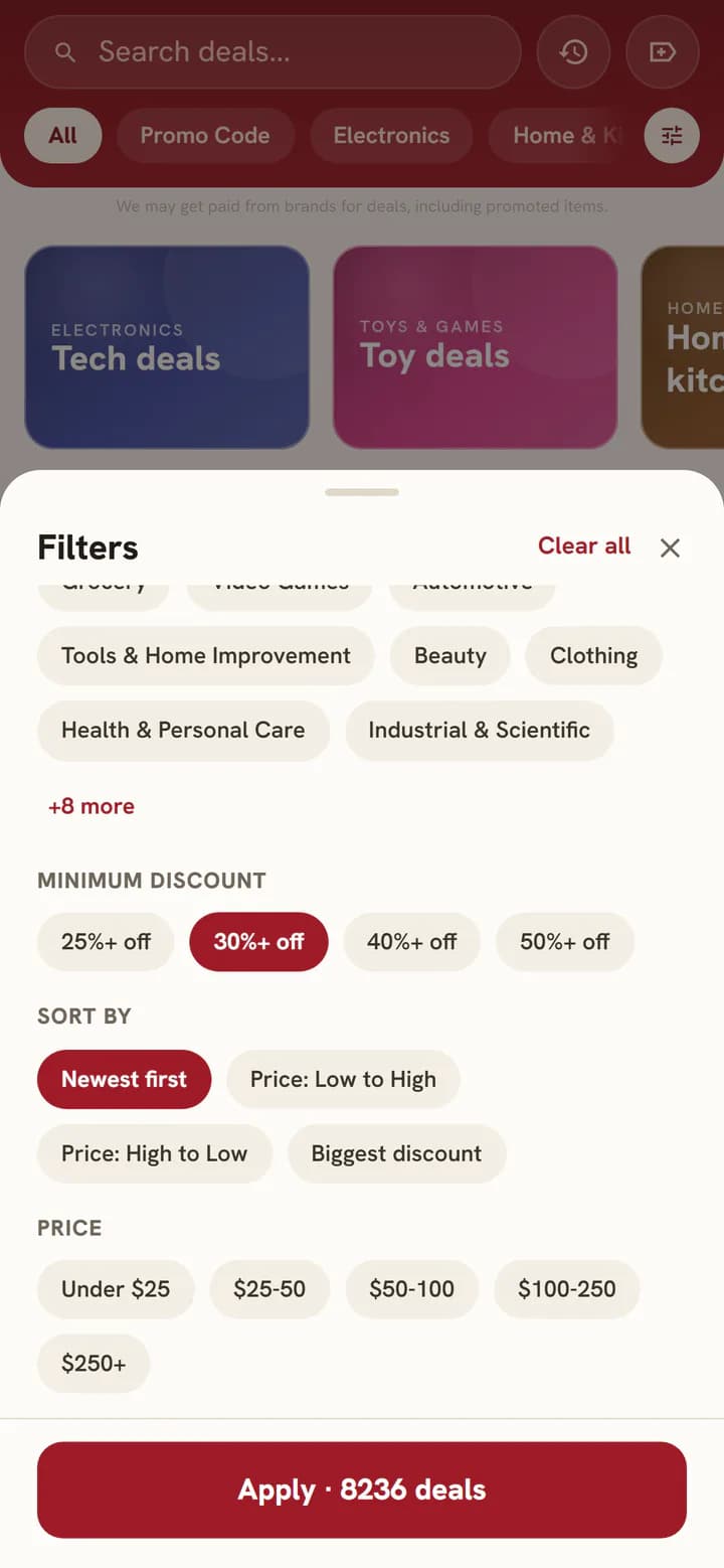 The Filters sheet with a live deal count on the Apply button