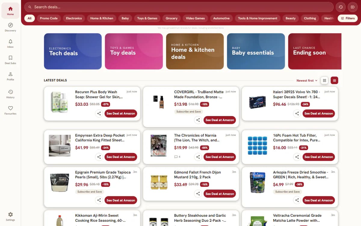 The Maple Deals home feed on a computer