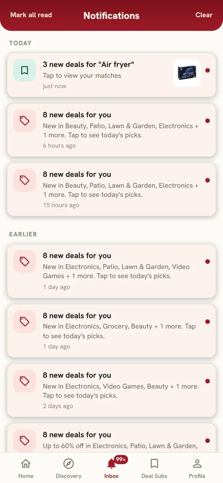 The Inbox with saved notifications