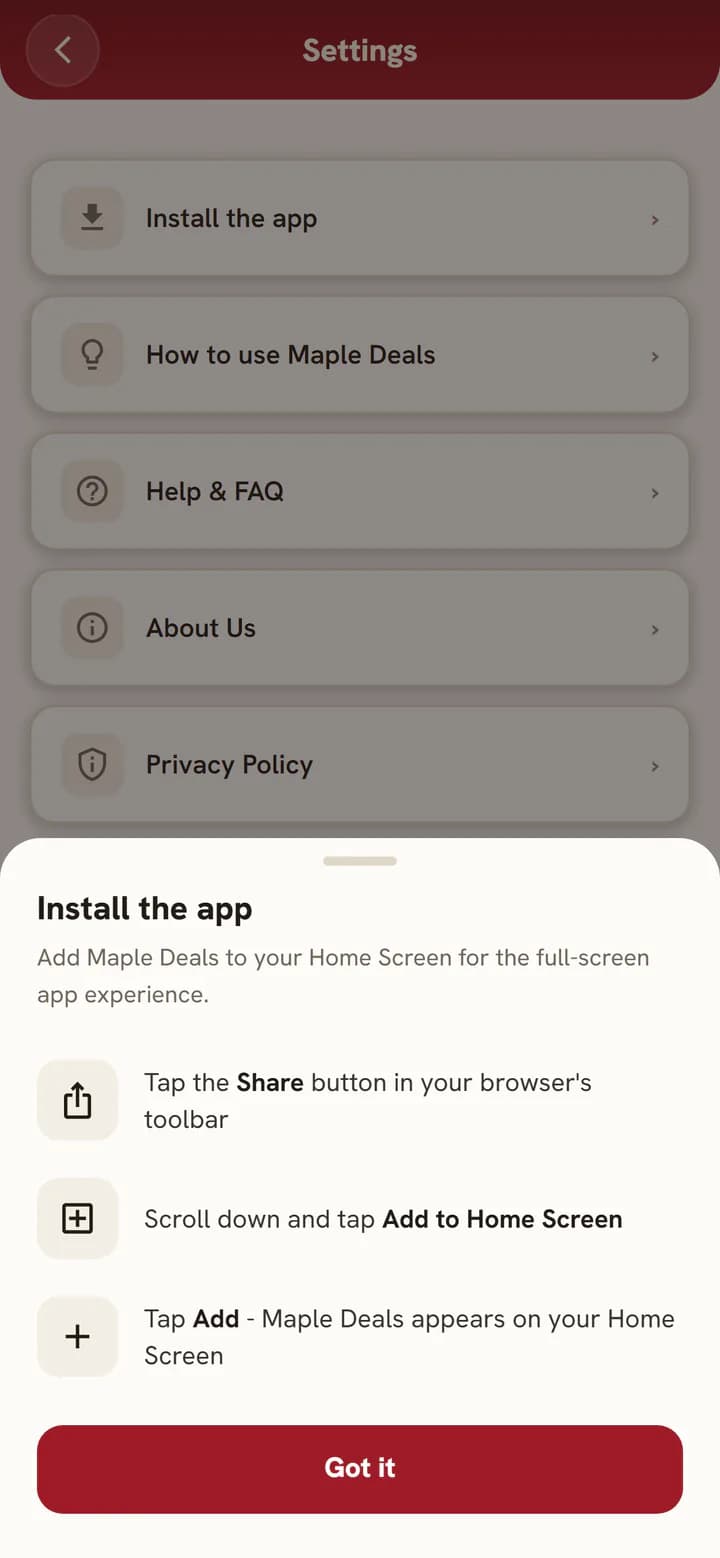 Install steps in Settings