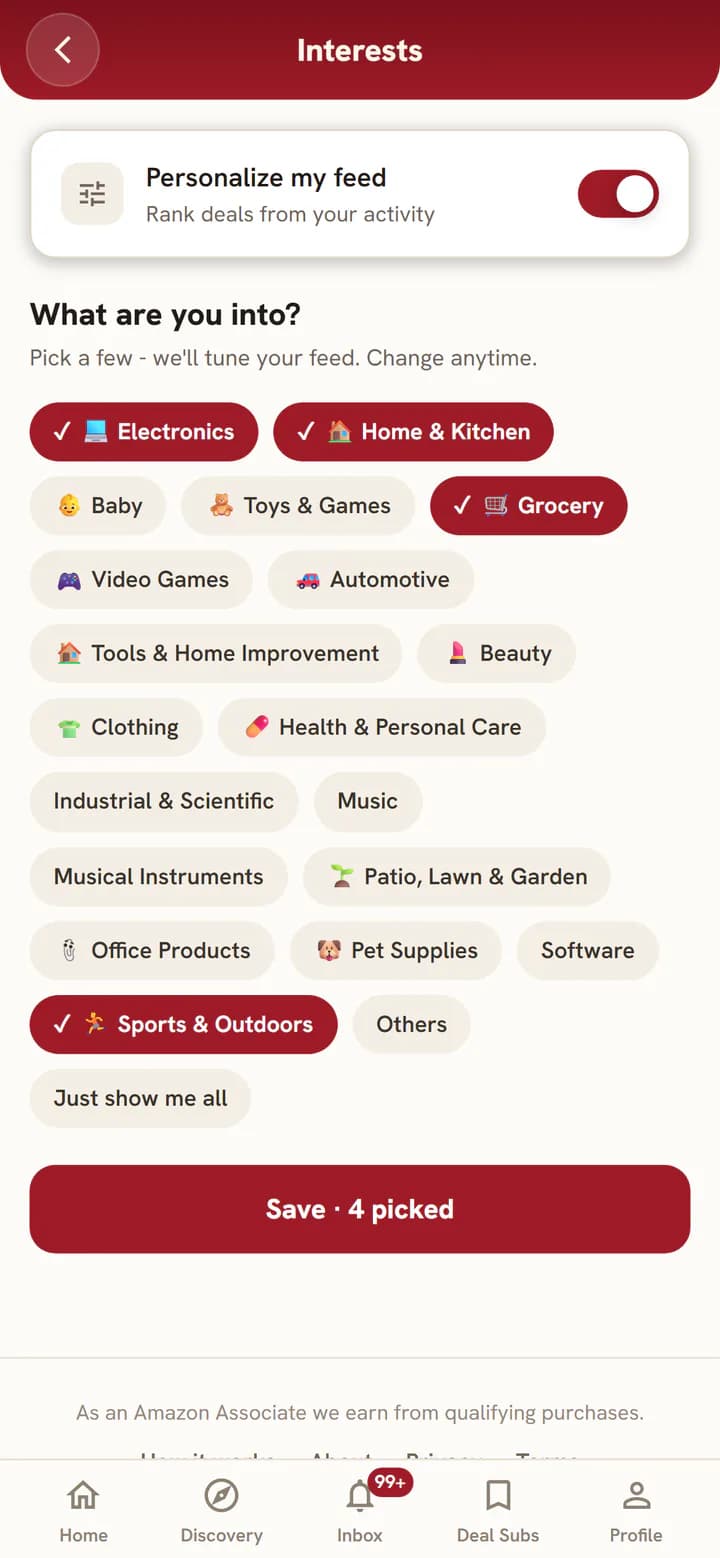 The Interests page with categories picked