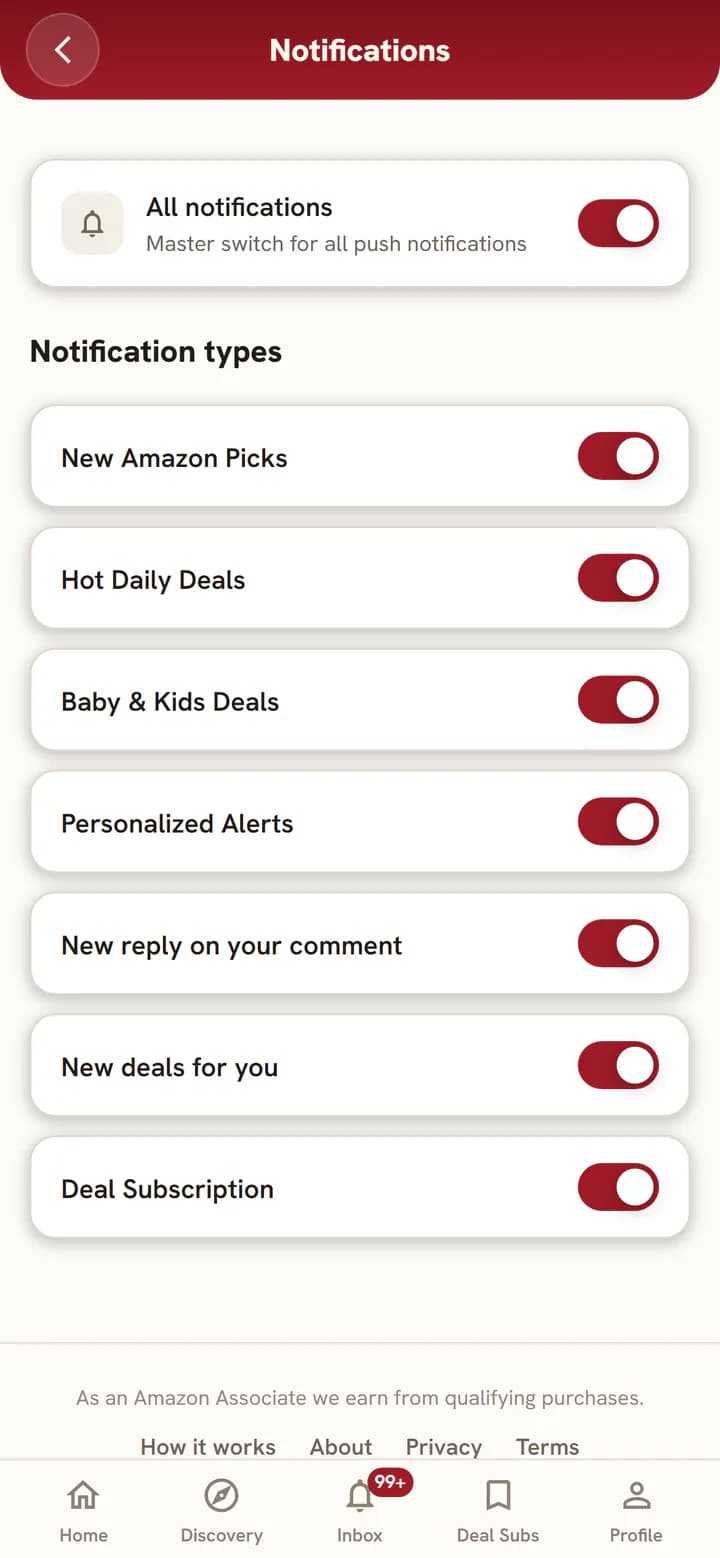 Notification settings, including New deals for you