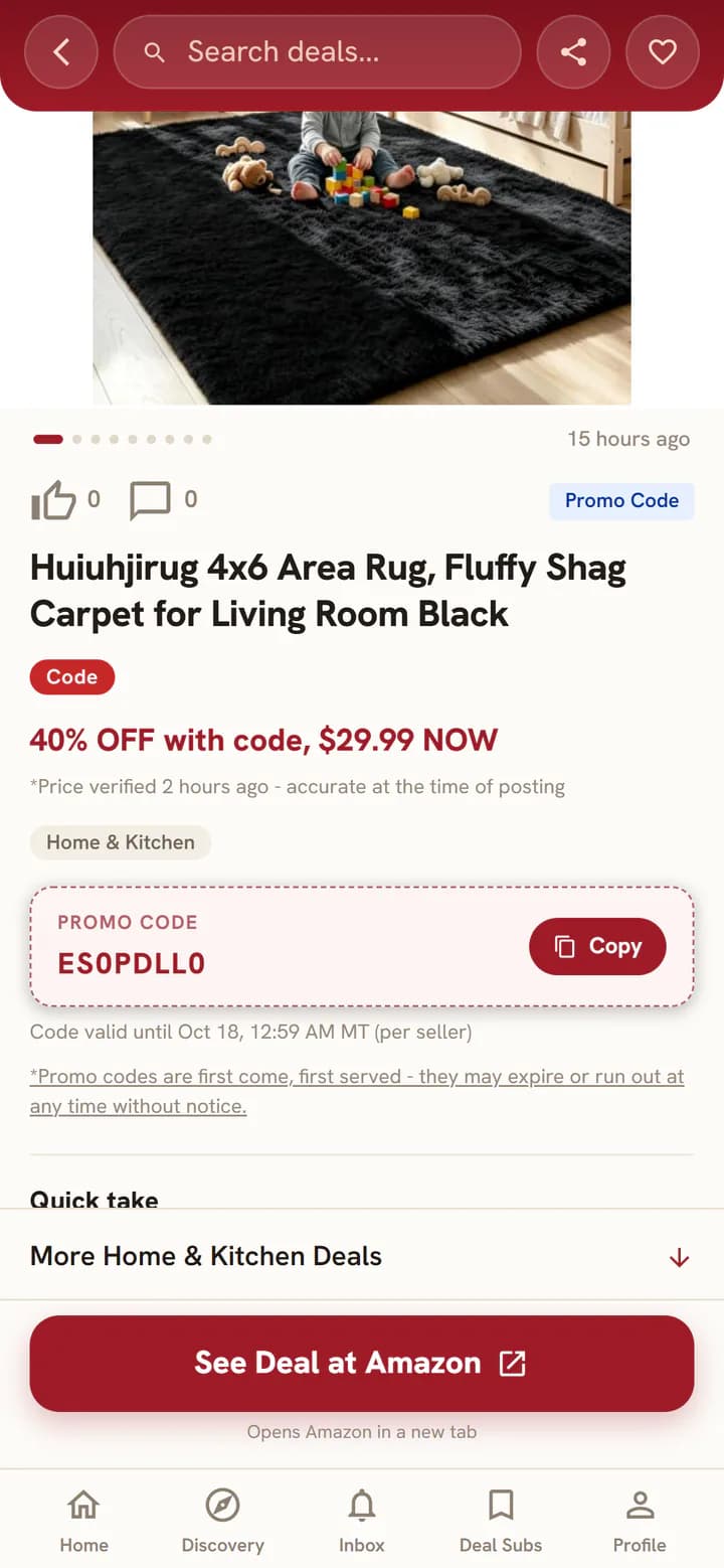 A deal page with the promo code box and its Copy button