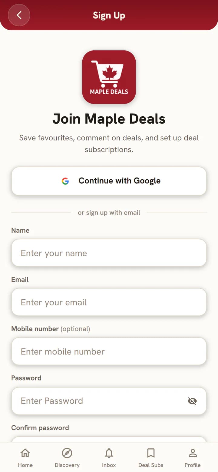 The sign-up page