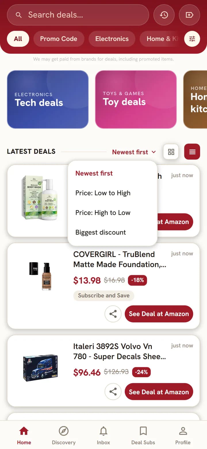 The sort menu above the deal list